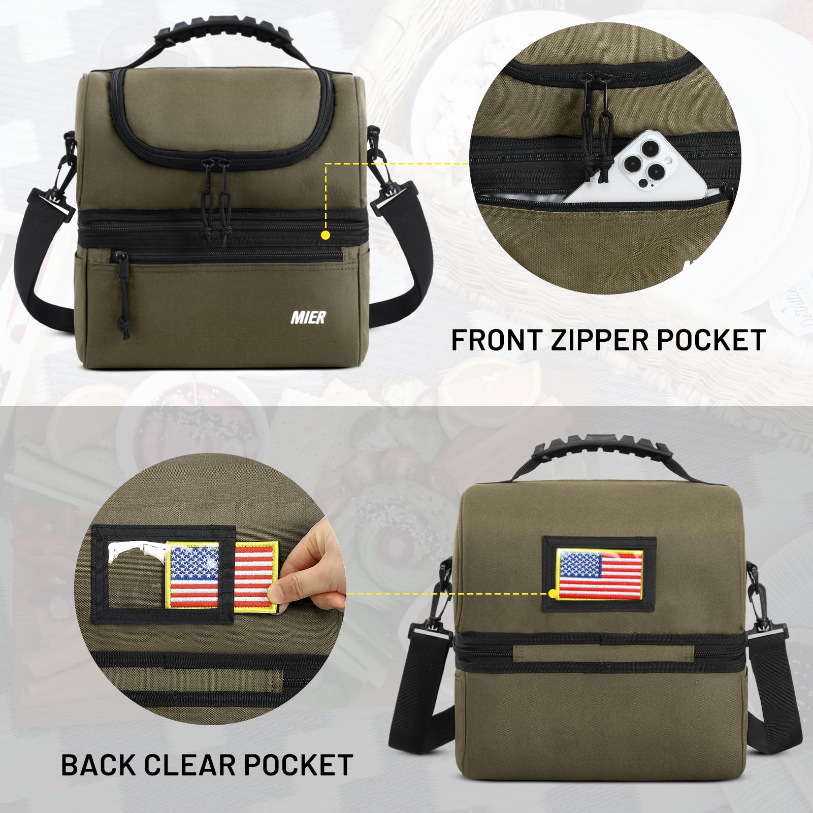 MIER Adult Lunch Box front zipper pocket for utensils and napkins