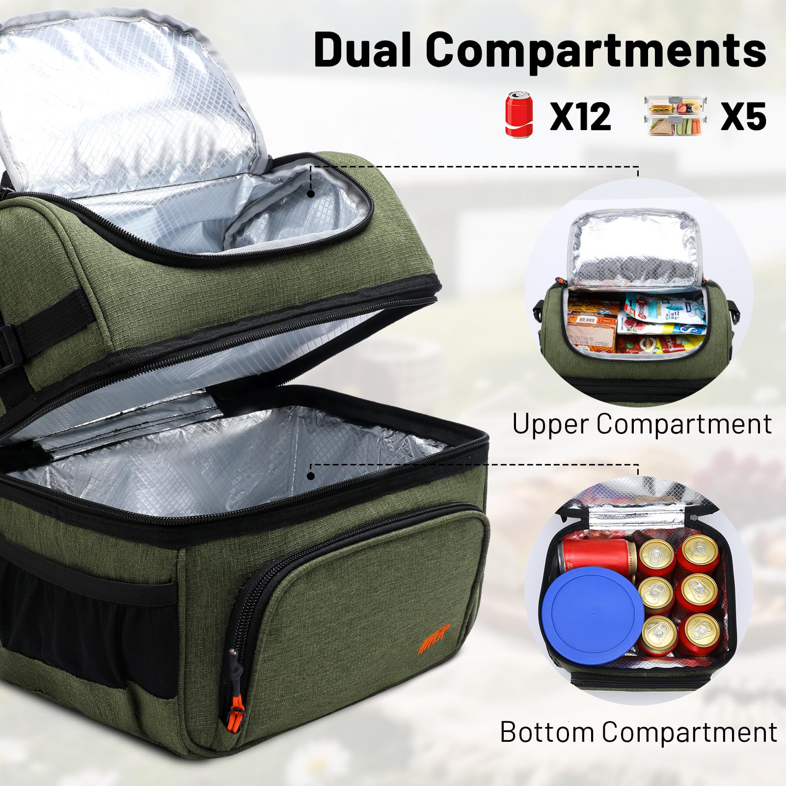 MIER dual-compartment lunch bag bottom cold section maintains drinks and meals at the right temperature.