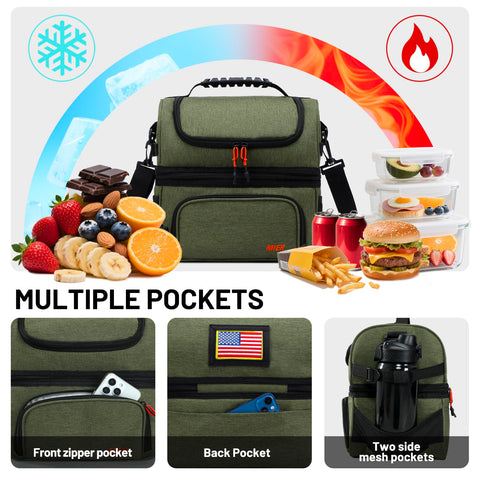 MIER dual-compartment lunch bag front pocket stores utensils and napkins for tidy packing.