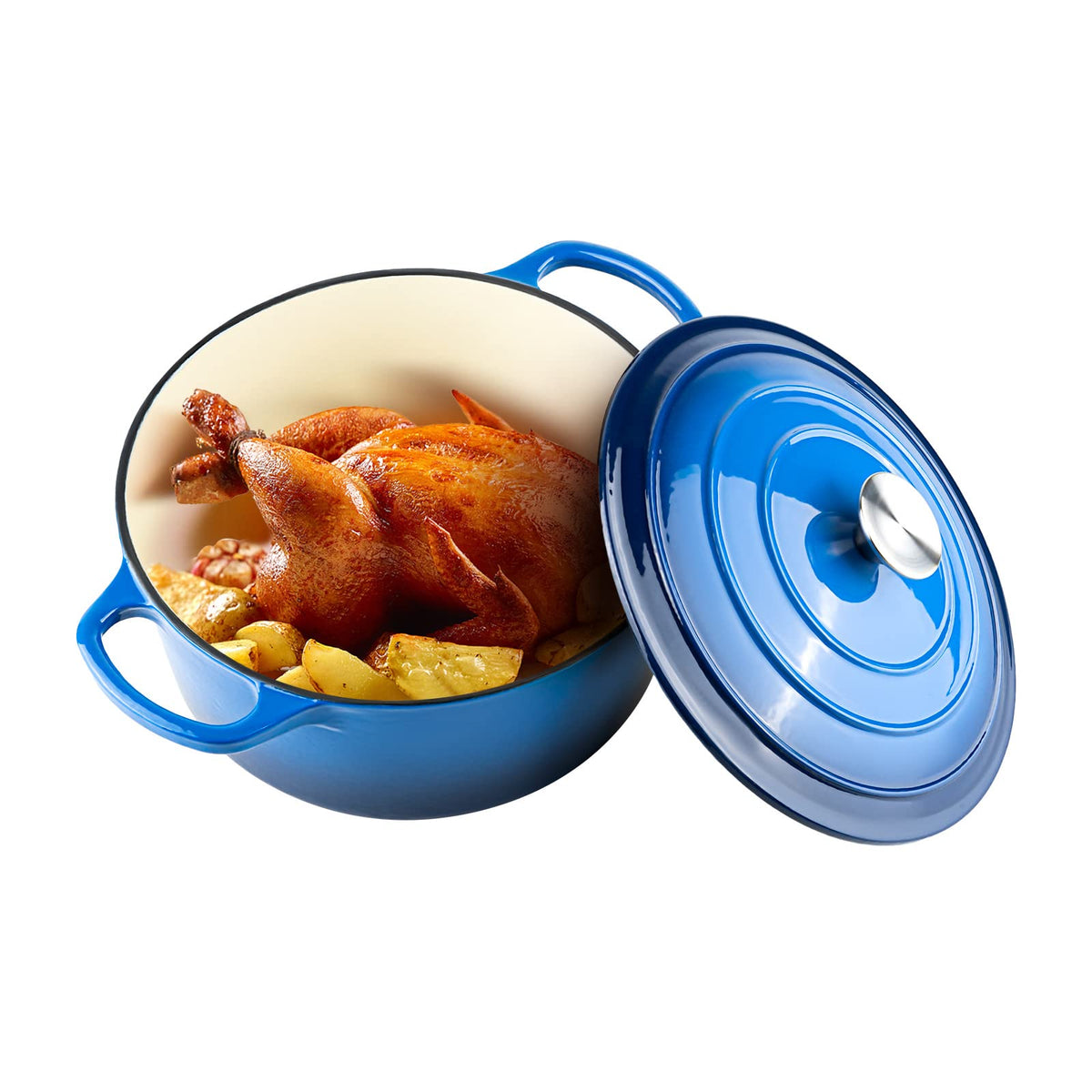 Miereirl 6 Qt enamelled Dutch oven with lid on stove for even simmering.