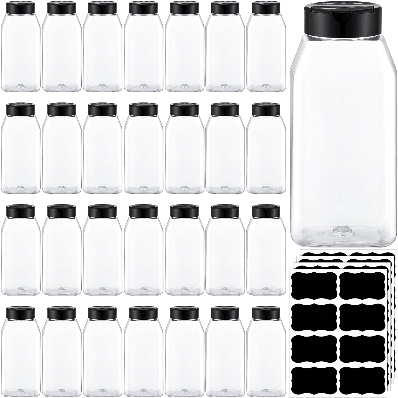 Mifoci 28-pack square spice jars with shaker lids in clear design for organized storage