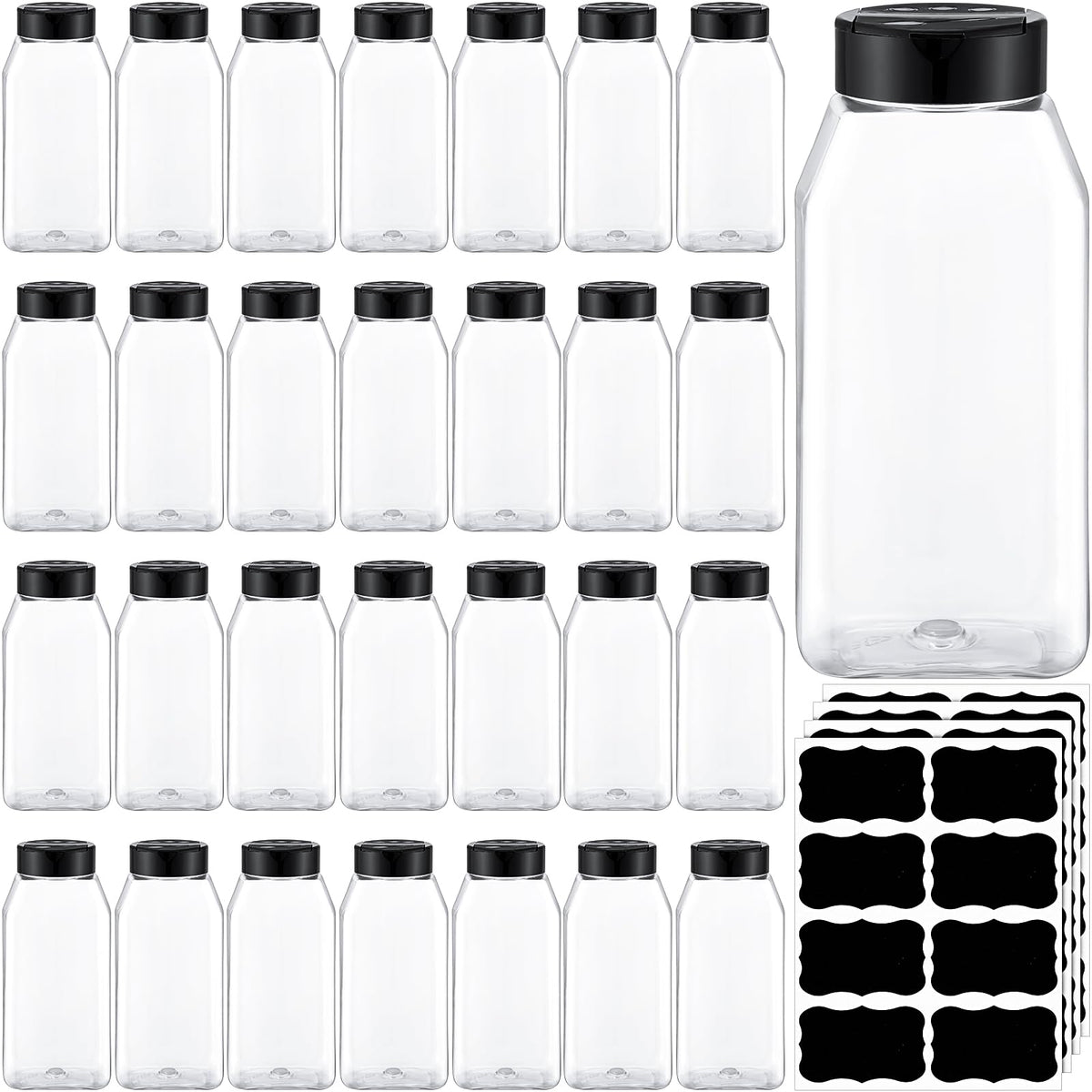 Mifoci 28-pack square spice jars with shaker lids in clear design for organized storage