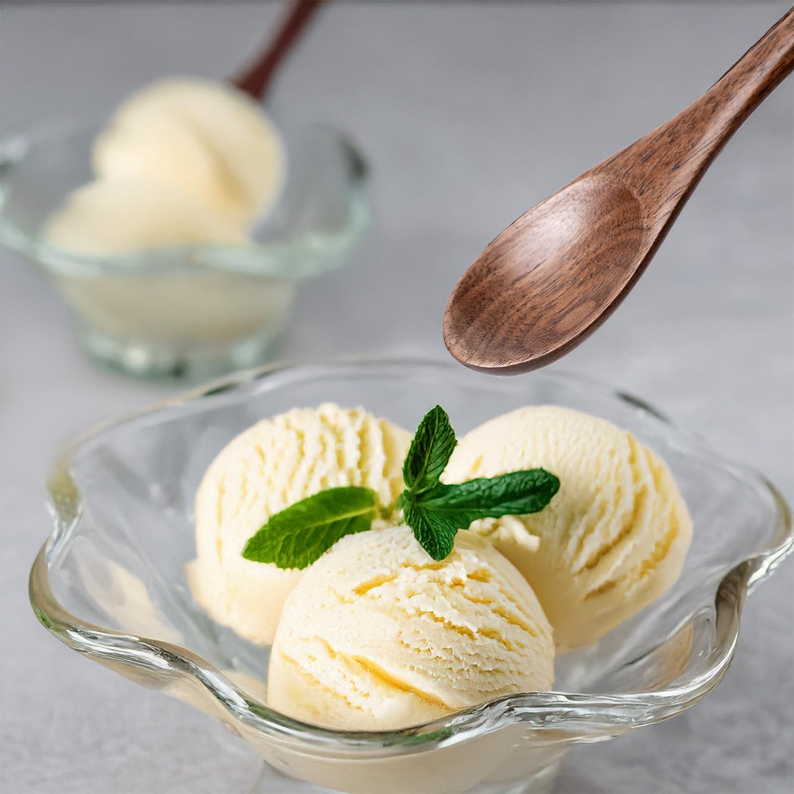 Migaku Home spoons showcase rich wood grain while serving desserts