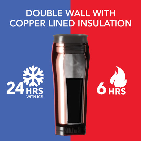 Mighty Mug insulated double-wall keeps coffee hot and drinks cold for hours.