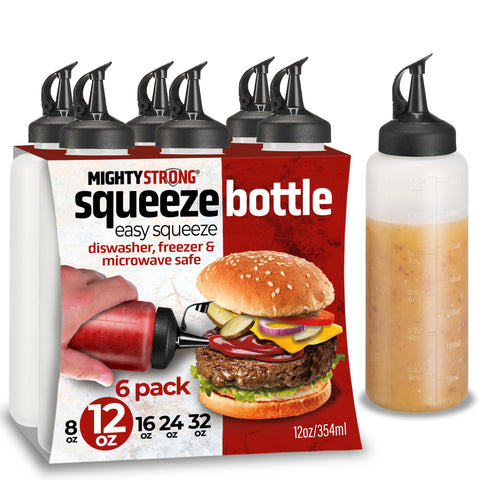 MIGHTY STRONG six-pack squeeze bottles ready for oils and dressings on the kitchen counter