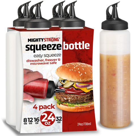 MIGHTY STRONG four-pack 24 oz condiment bottles, clear for easy content visibility