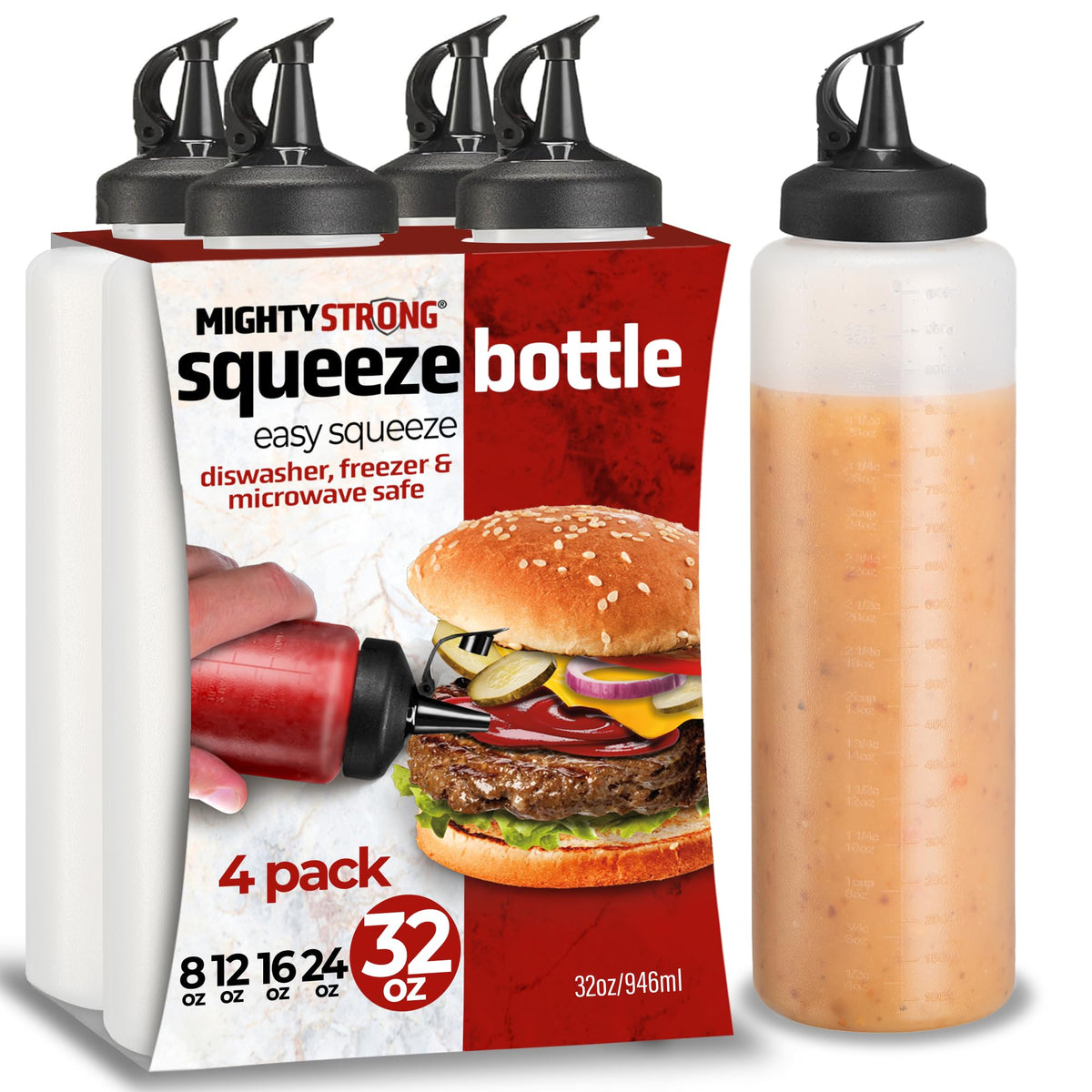 MIGHTY STRONG condiment squeeze bottle with easy pour cap for mess-free sauces
