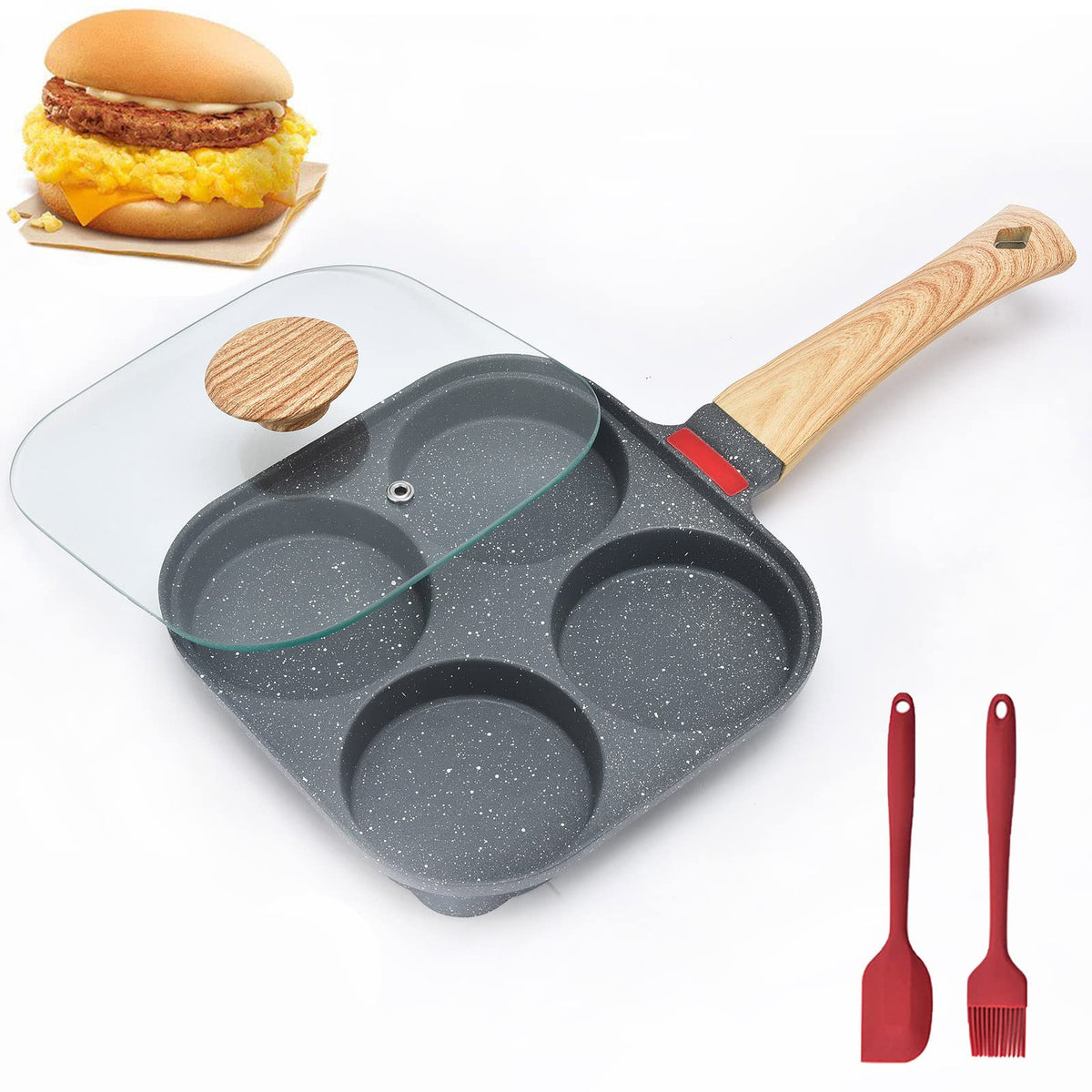MIHUNTER 4-Cup Egg Pan front view with four wells for quick breakfasts.