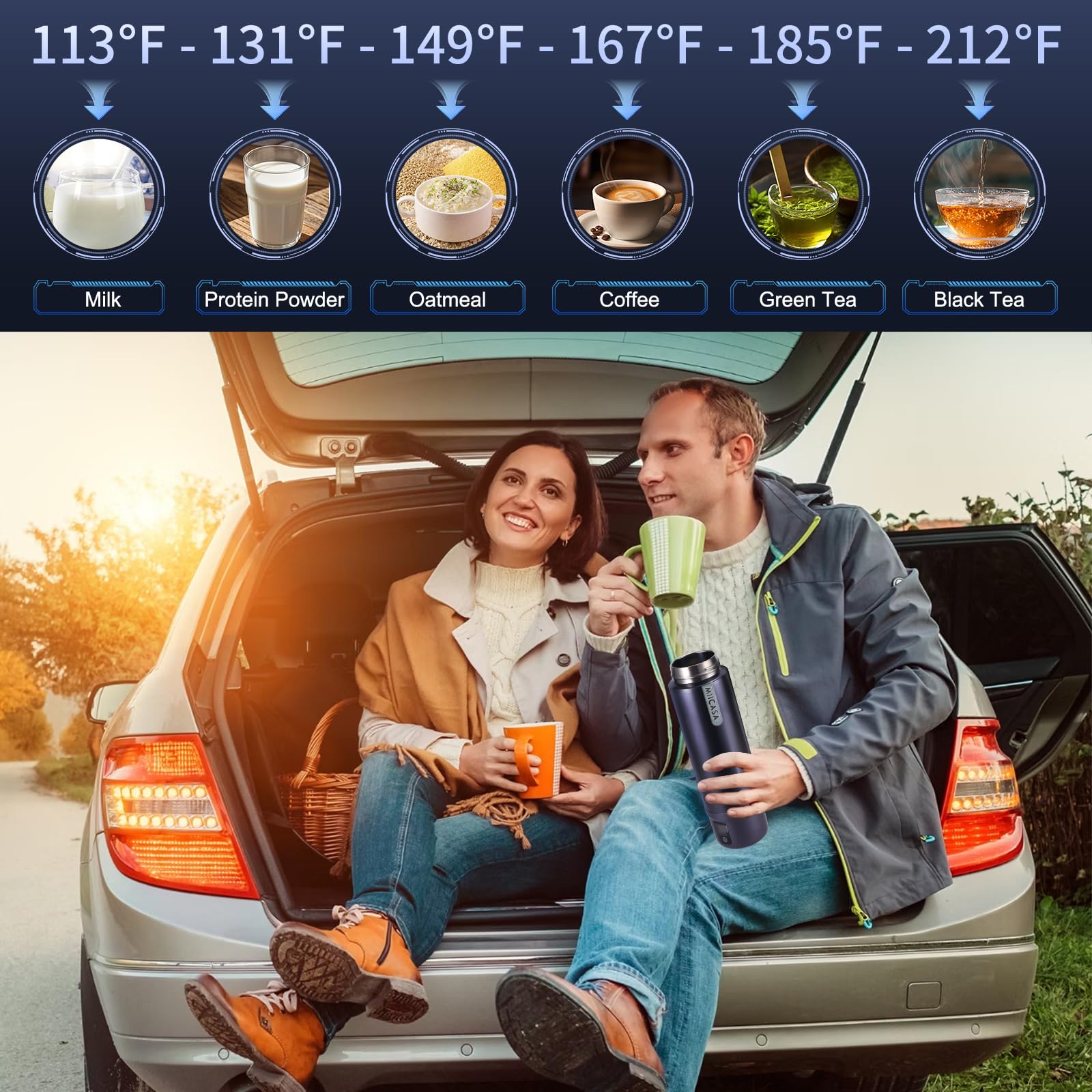 Miicasa portable car kettle with a comfortable handle for easy pouring.