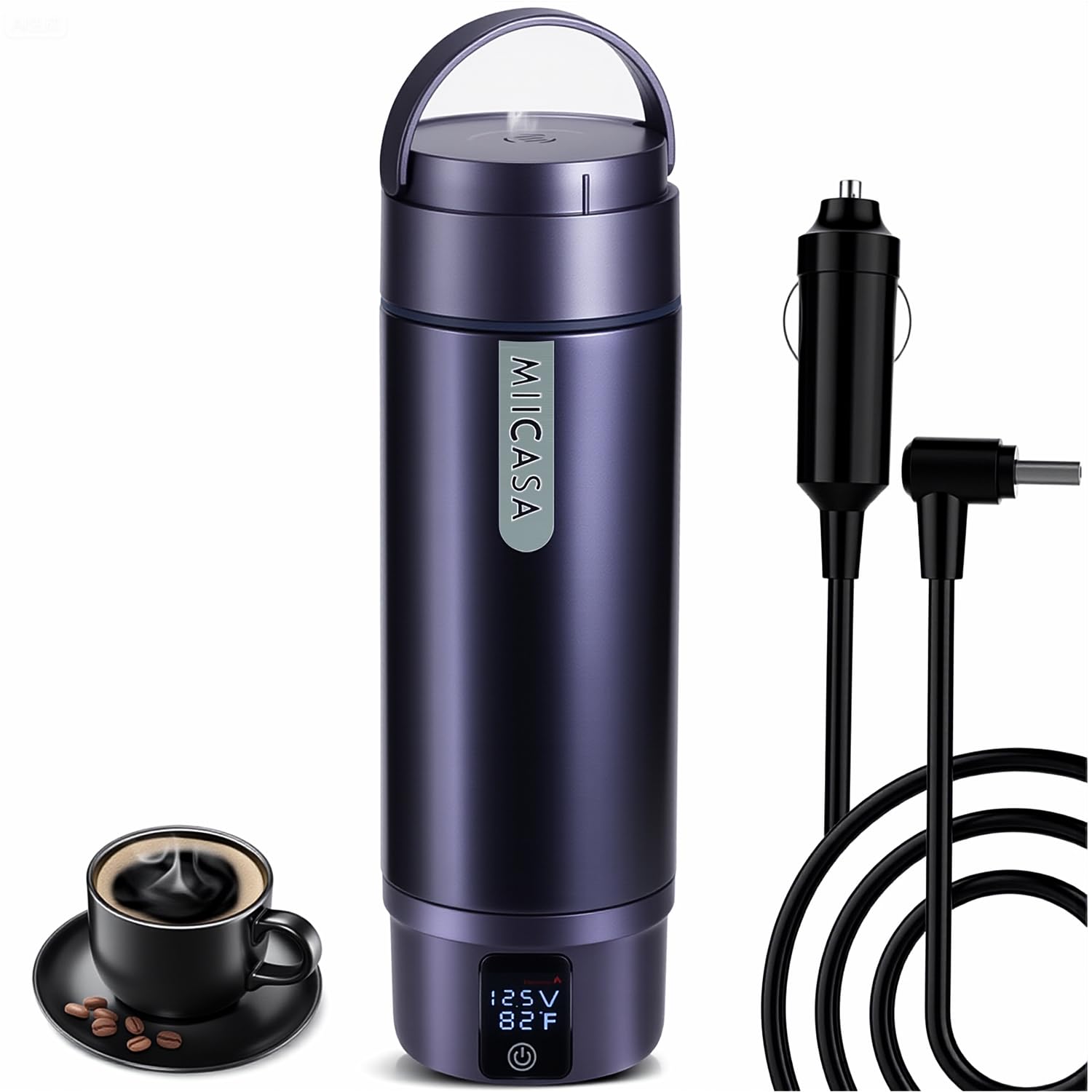 Miicasa vacuum insulated car kettle front view for on-the-go hot drinks.