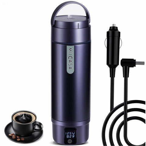 Miicasa vacuum insulated car kettle front view for on-the-go hot drinks.