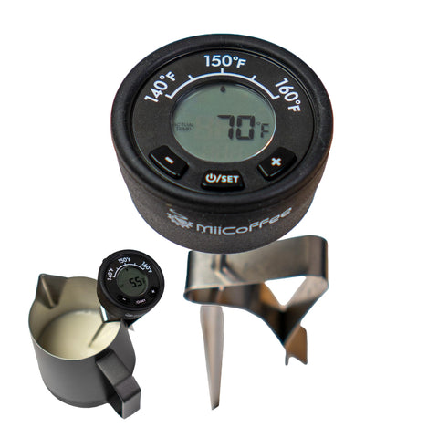 MiiCoffee digital milk frothing thermometer with clip for latte art temperature control.