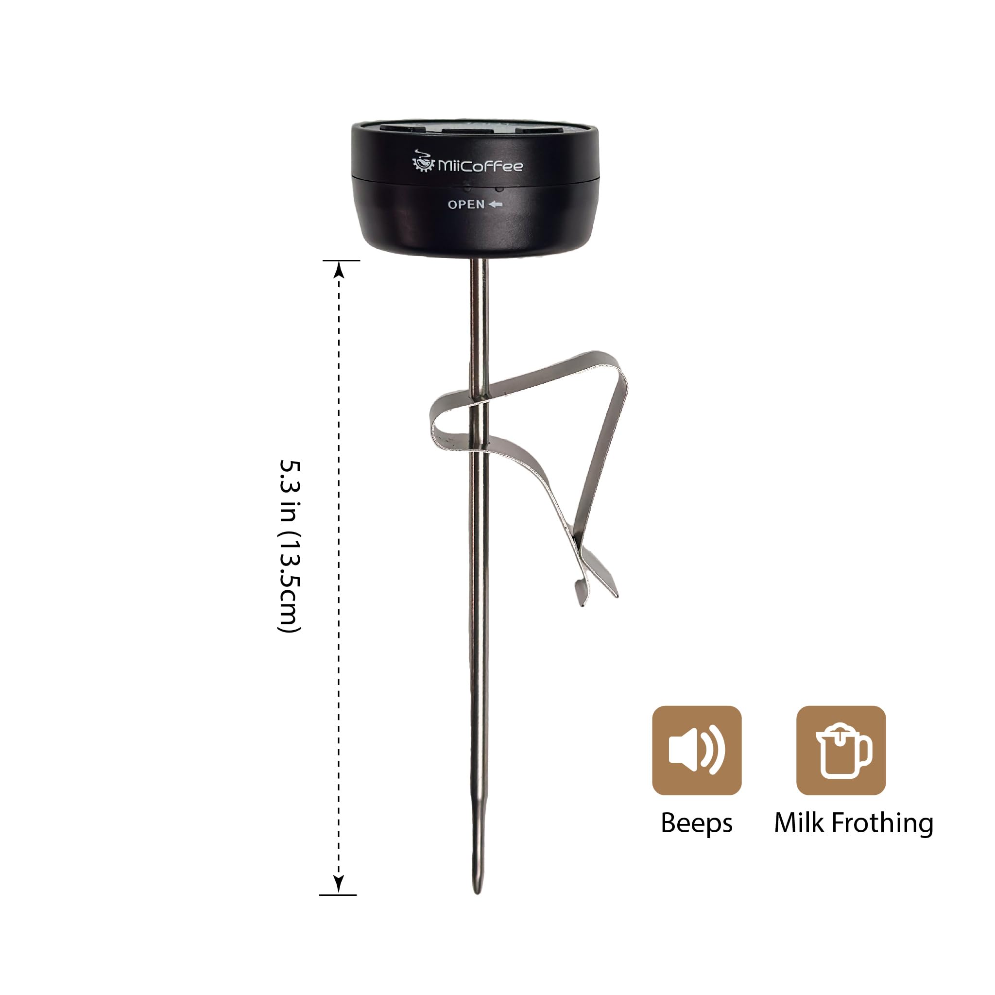 MiiCoffee thermometer with presets for milk temperature control.