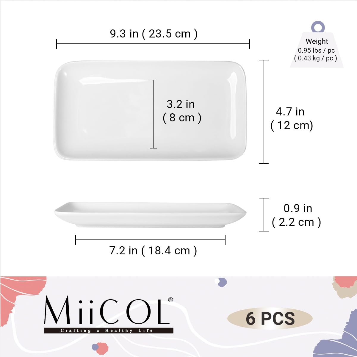 Miicol ceramic-rectangle-plates-white-dining, stackable design saves cabinet space.