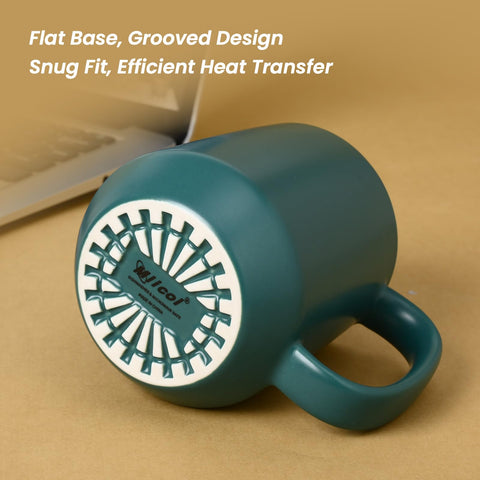 Miicol mug on warming base suggests stable temperature during use.