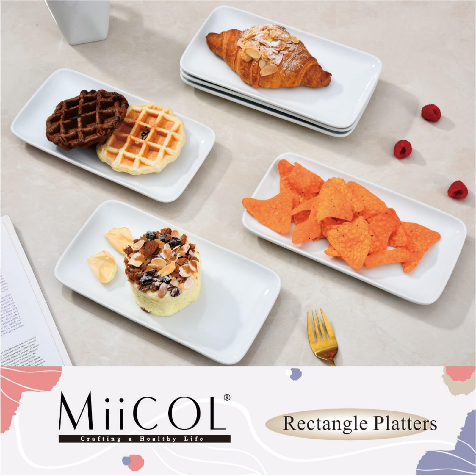 Miicol small-platters-rectangle-9inch-set6-white, perfect for cheese boards and desserts.