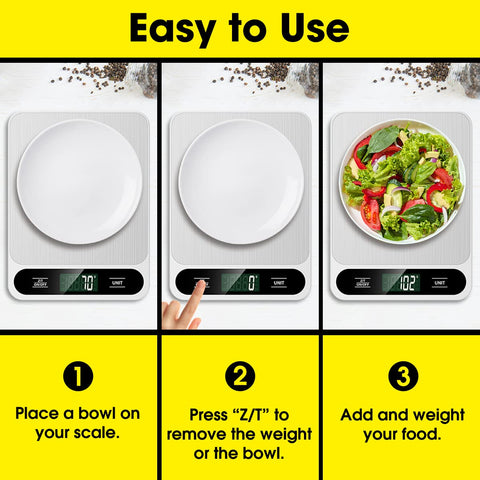 Mik-Nana white kitchen scale on counter for accurate weighing.