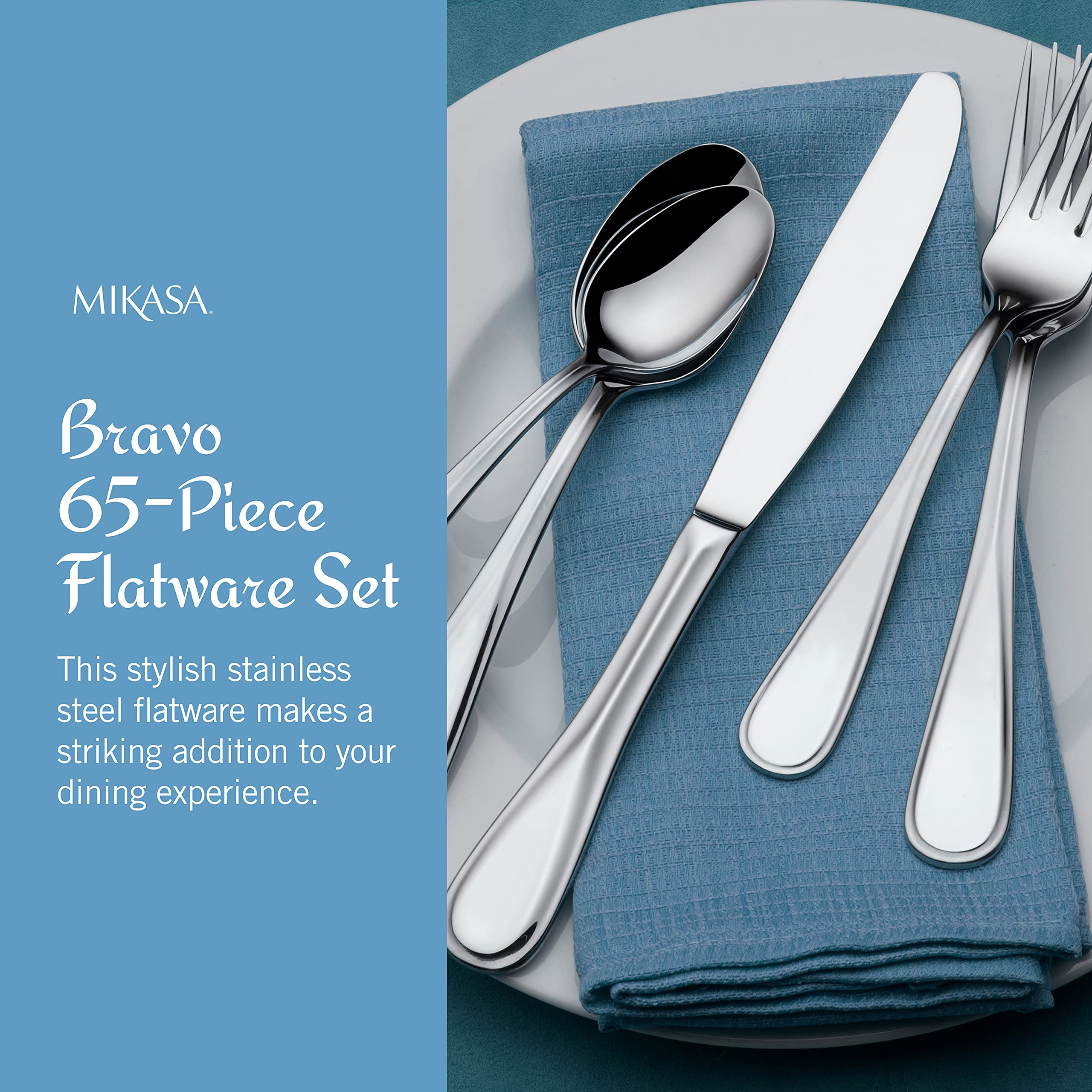 Mikasa Bravo flatware highlights contemporary handle design for versatile table styling.