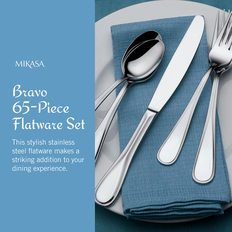 Mikasa Bravo flatware highlights contemporary handle design for versatile table styling.