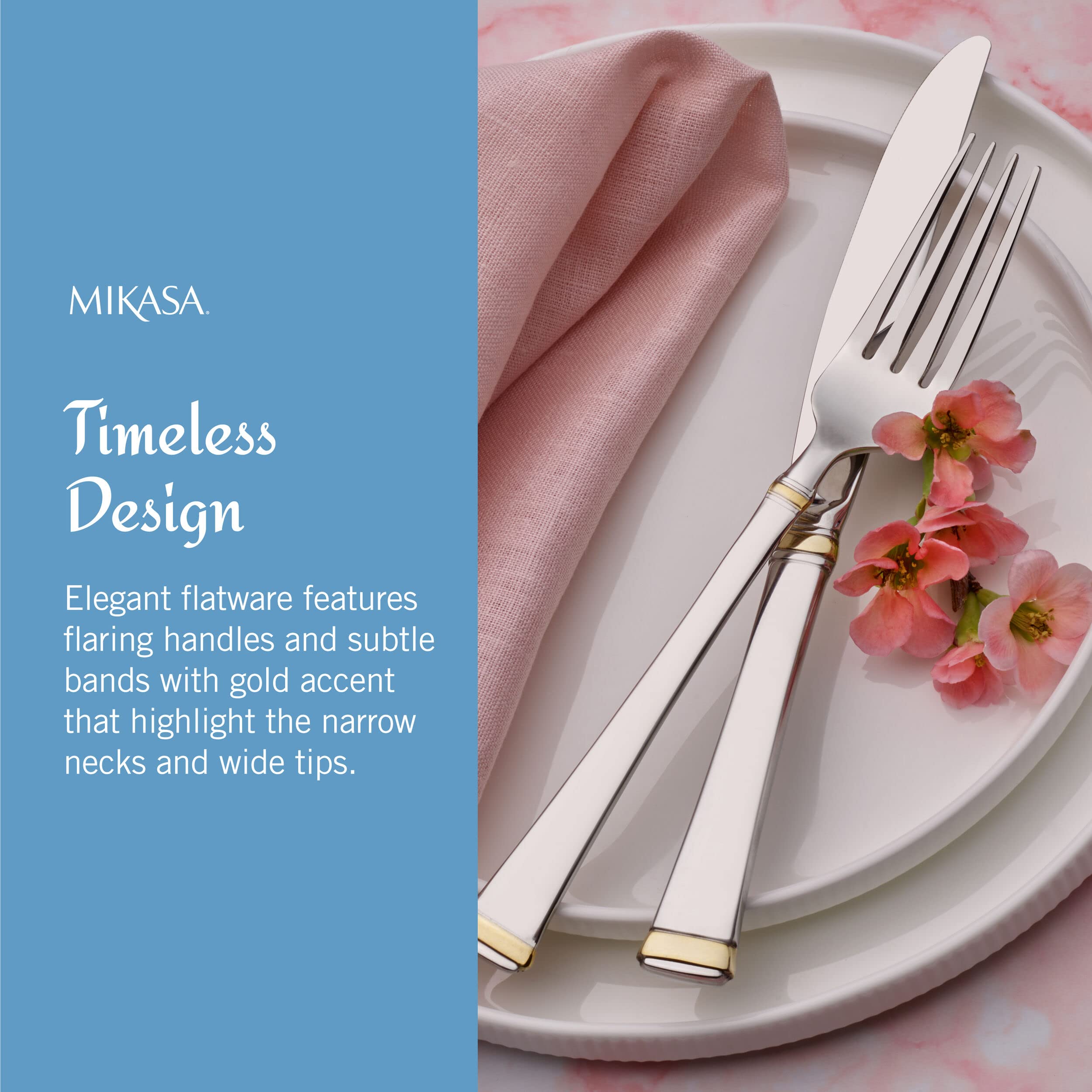 Mikasa Harmony flatware shown as dishwasher-safe for daily use.