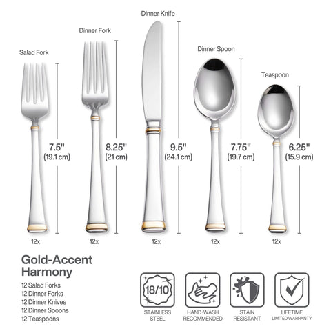 Close-up of the gold-trimmed handle on Mikasa Harmony flatware.