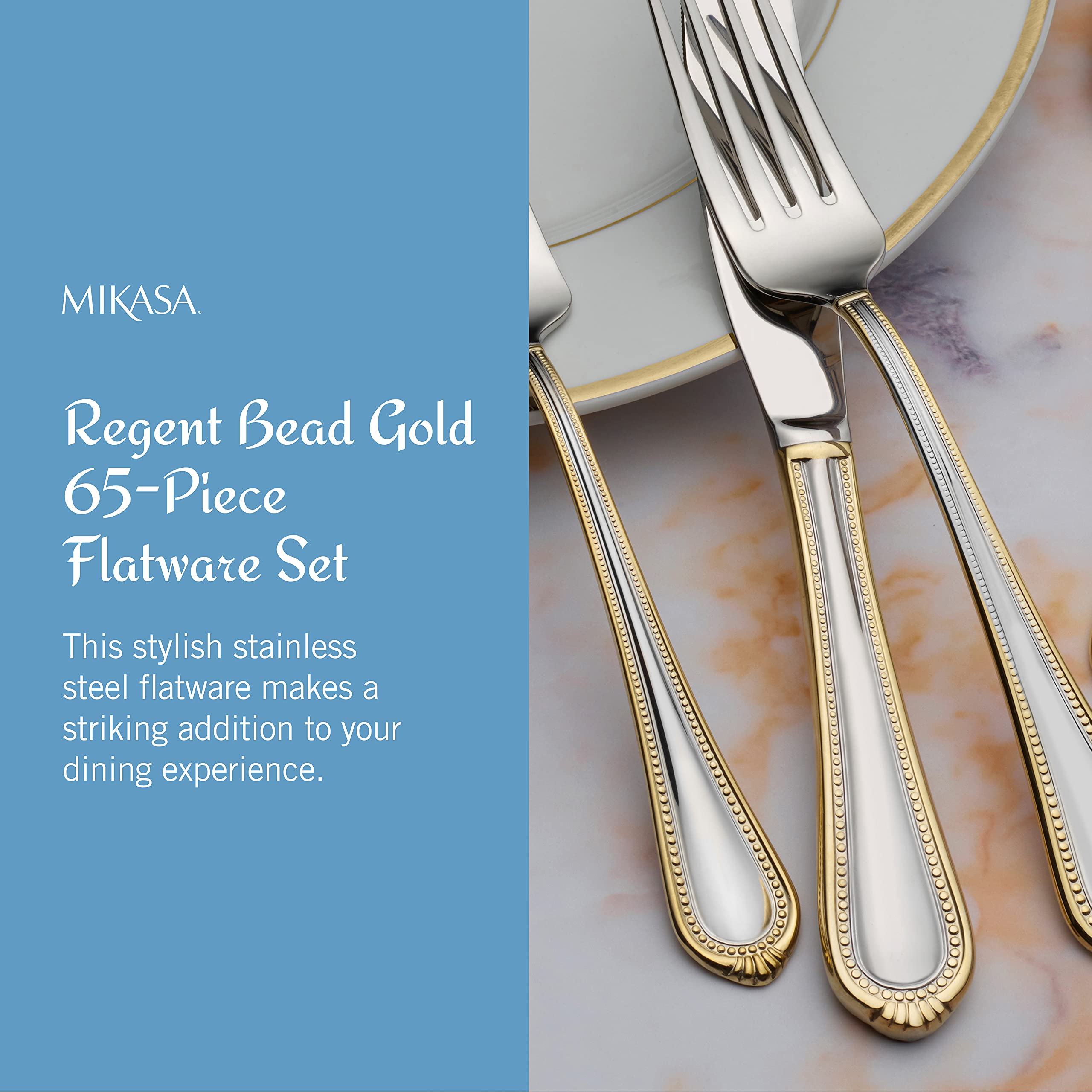 Mikasa Regent Gold Bead Dinner Knife, polished steel with gold accent.