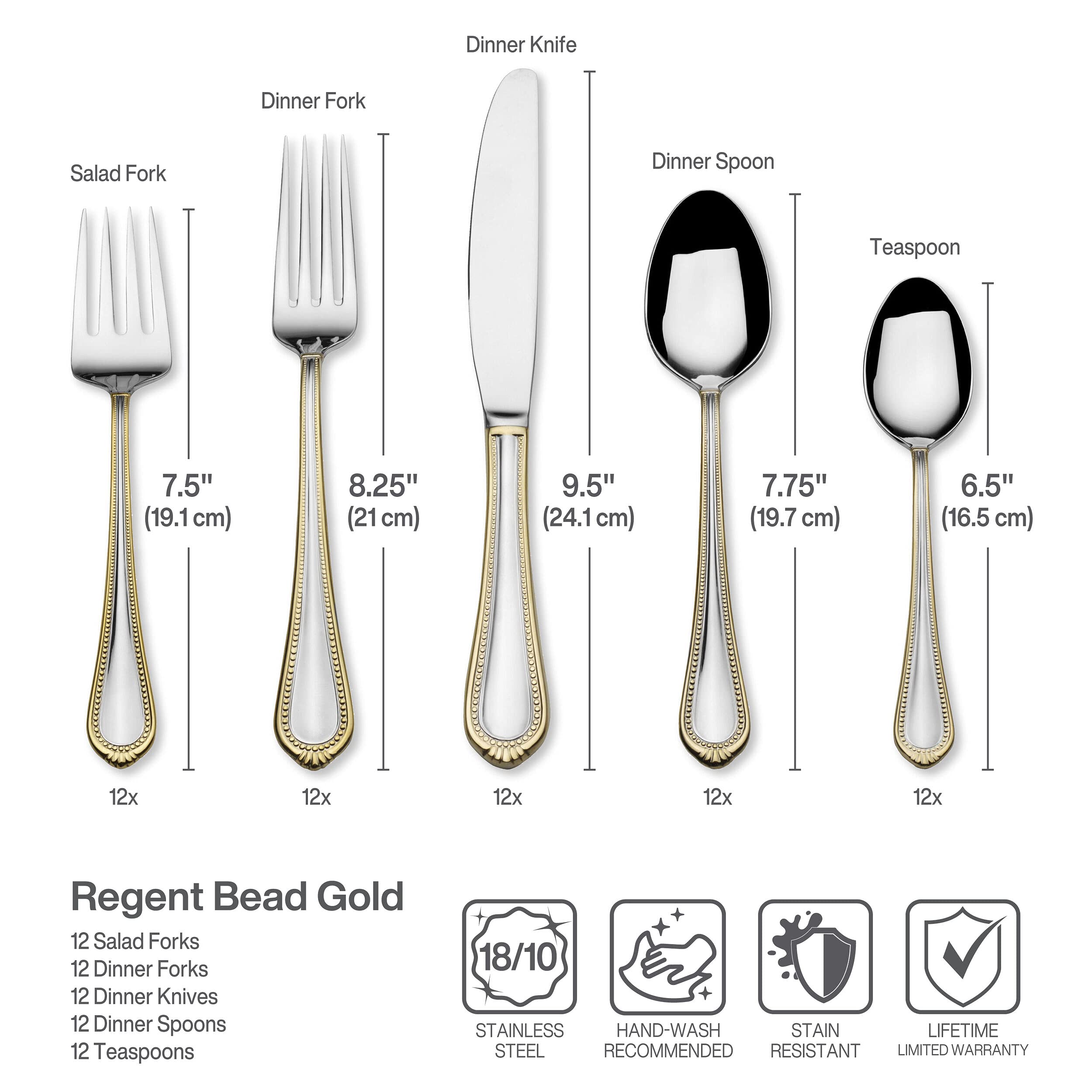 Mikasa Regent Gold Bead Tablespoon, generous for sharing dishes.