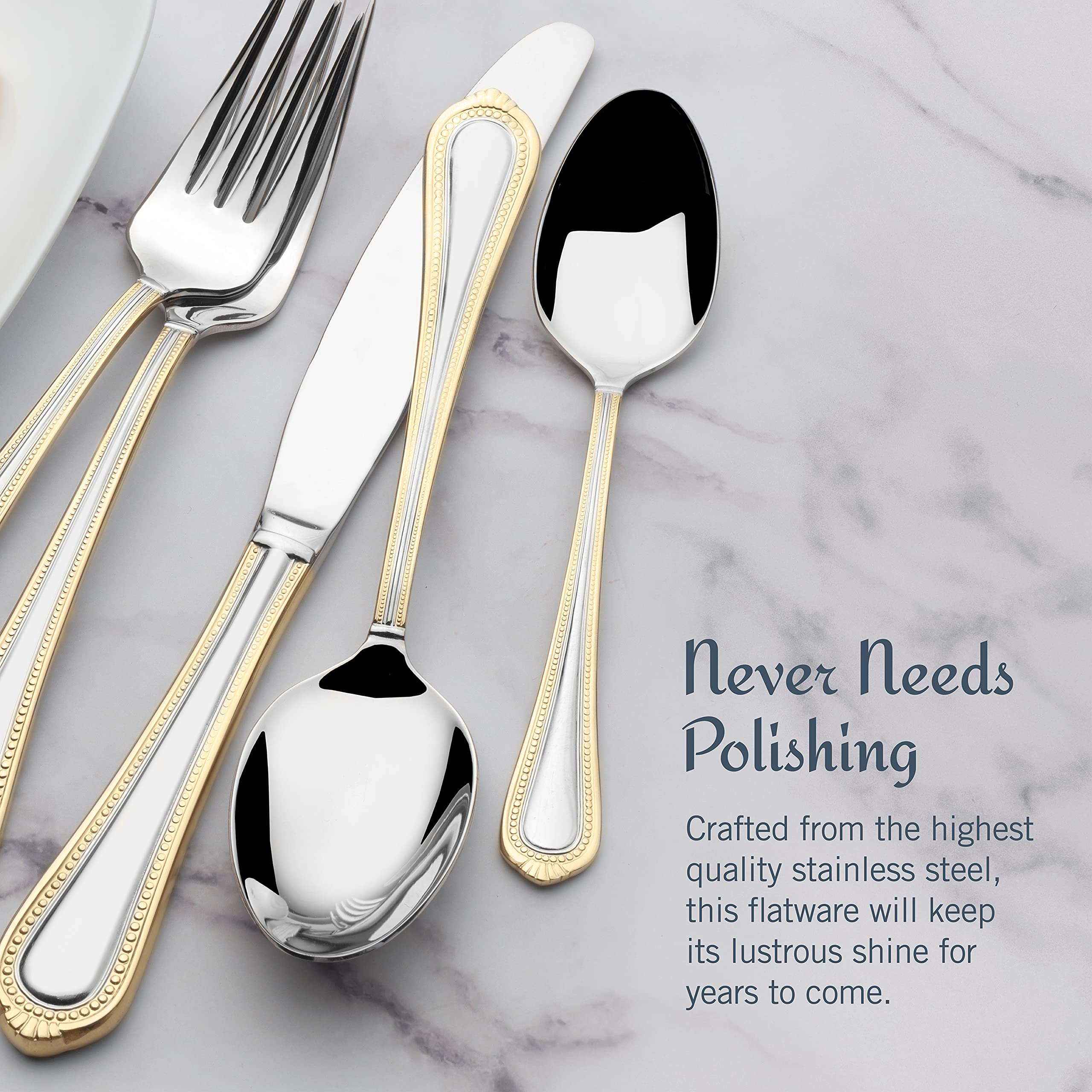 Mikasa Regent Gold Bead Teaspoon, smooth finish for coffee or dessert.
