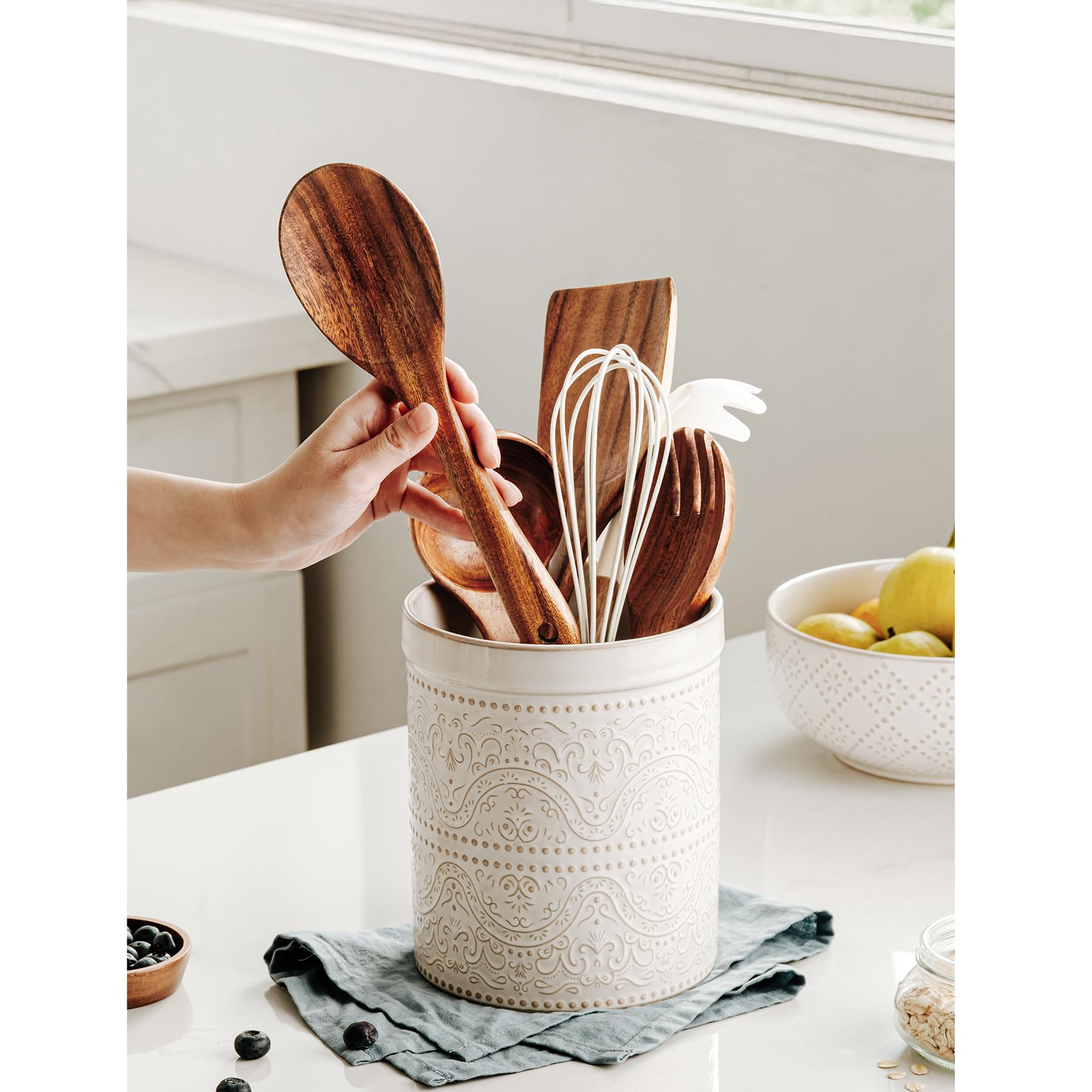 MIKIGEY ceramic utensil crock on countertop holds bulky tools securely.