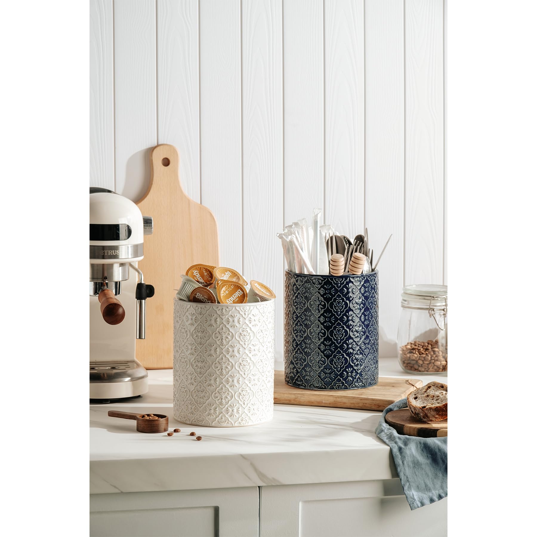 MIKIGEY ceramic utensil holder with heavy base resists tipping during busy cooking