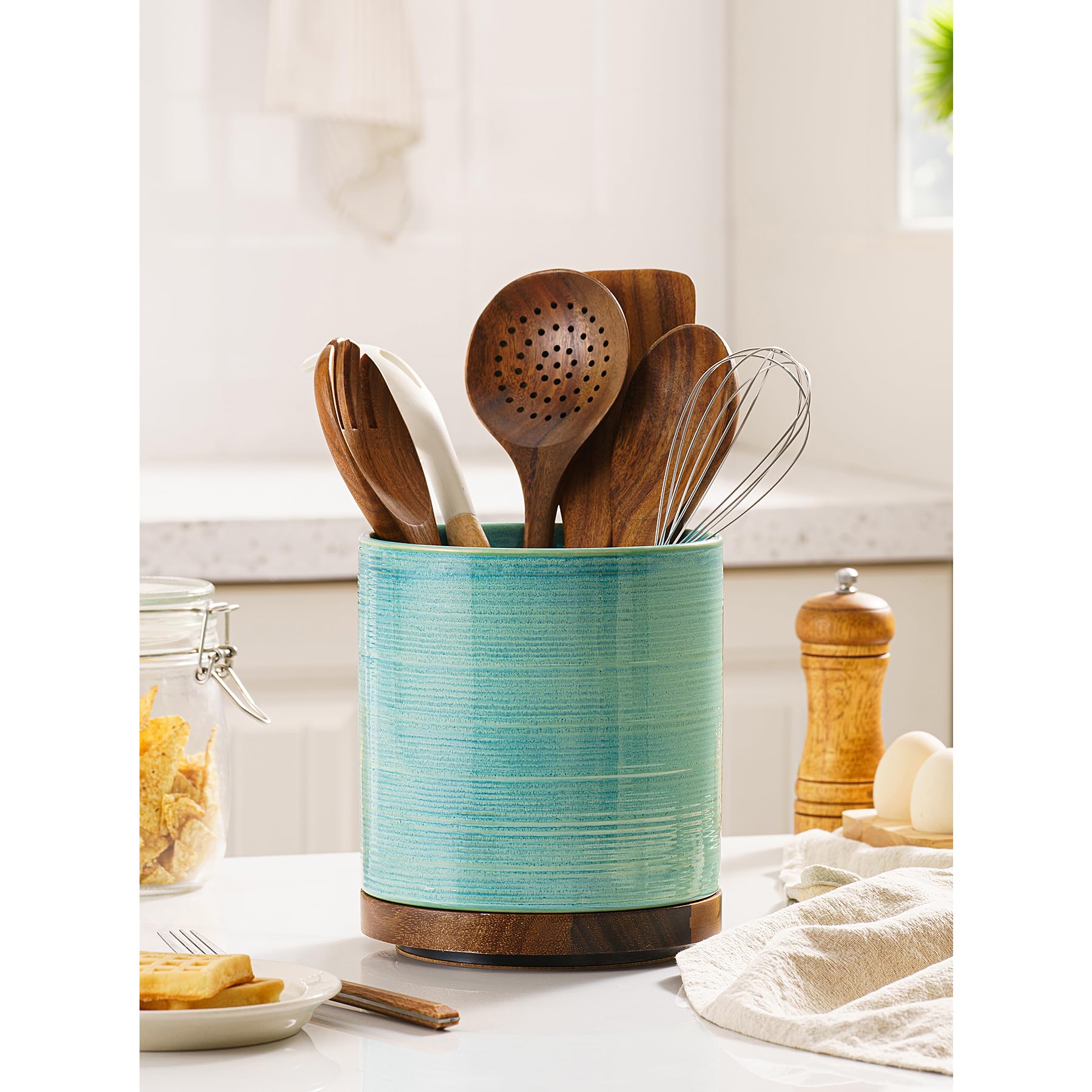 MIKIGEY green ceramic utensil holder adds farmhouse charm to the countertop