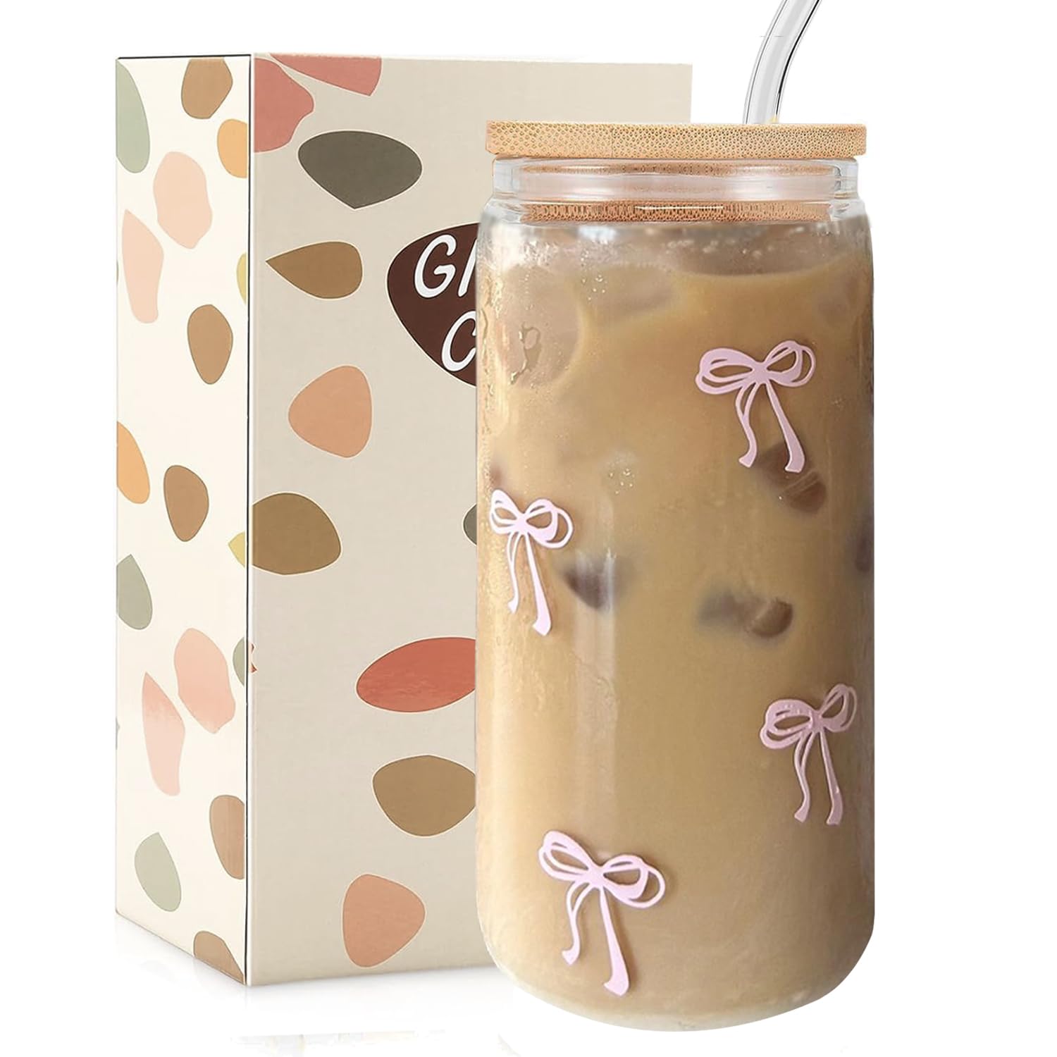 Mikopei Coquette pink bow glass cup; stylish iced drinks at home.