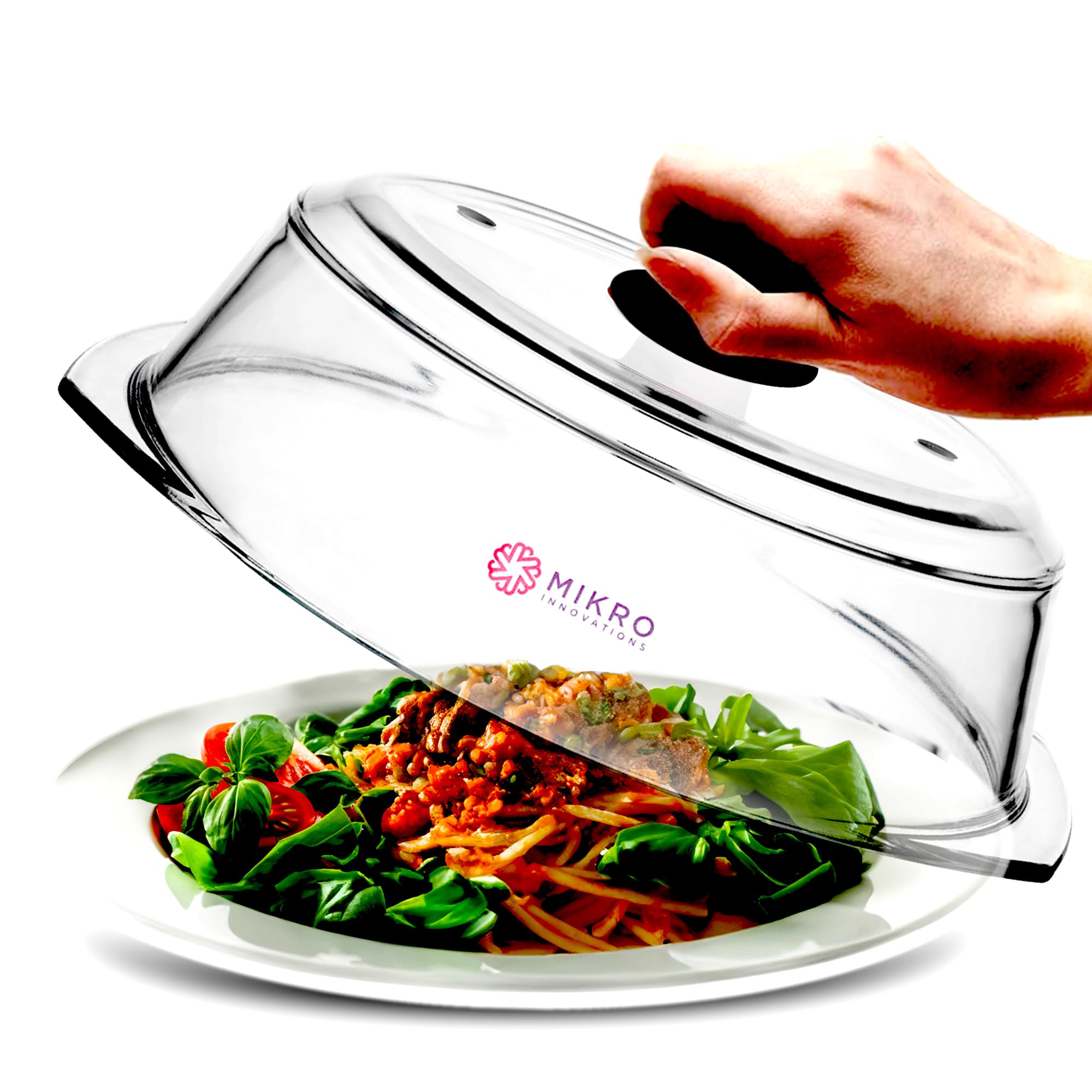 Mikro Innovations tall glass microwave splatter cover with clear glass for visibility and heating.