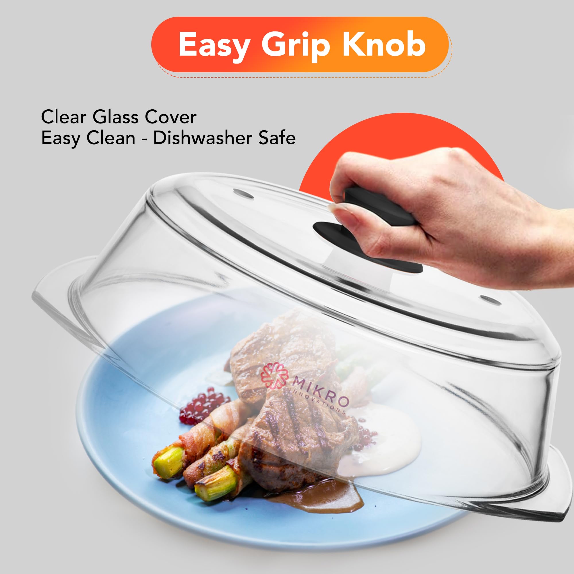 Mikro Innovations tall glass cover ideal for reheating leftovers without splatter.