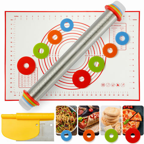 MIKULA rolling pin stainless steel with adjustable rings for precise dough thickness.