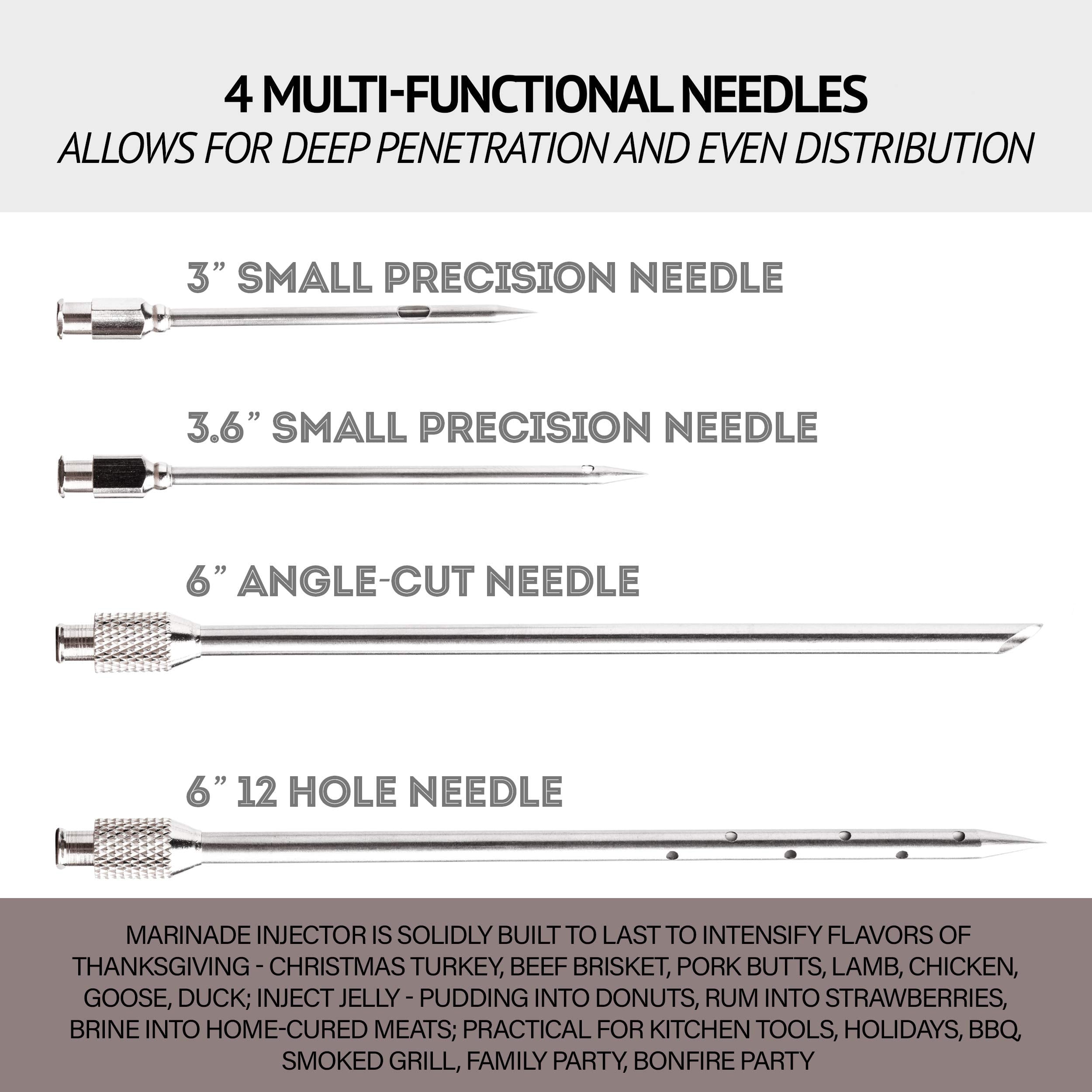 Milagroso garlic-herbs injection needles infuse bold flavors into smaller meat chunks.