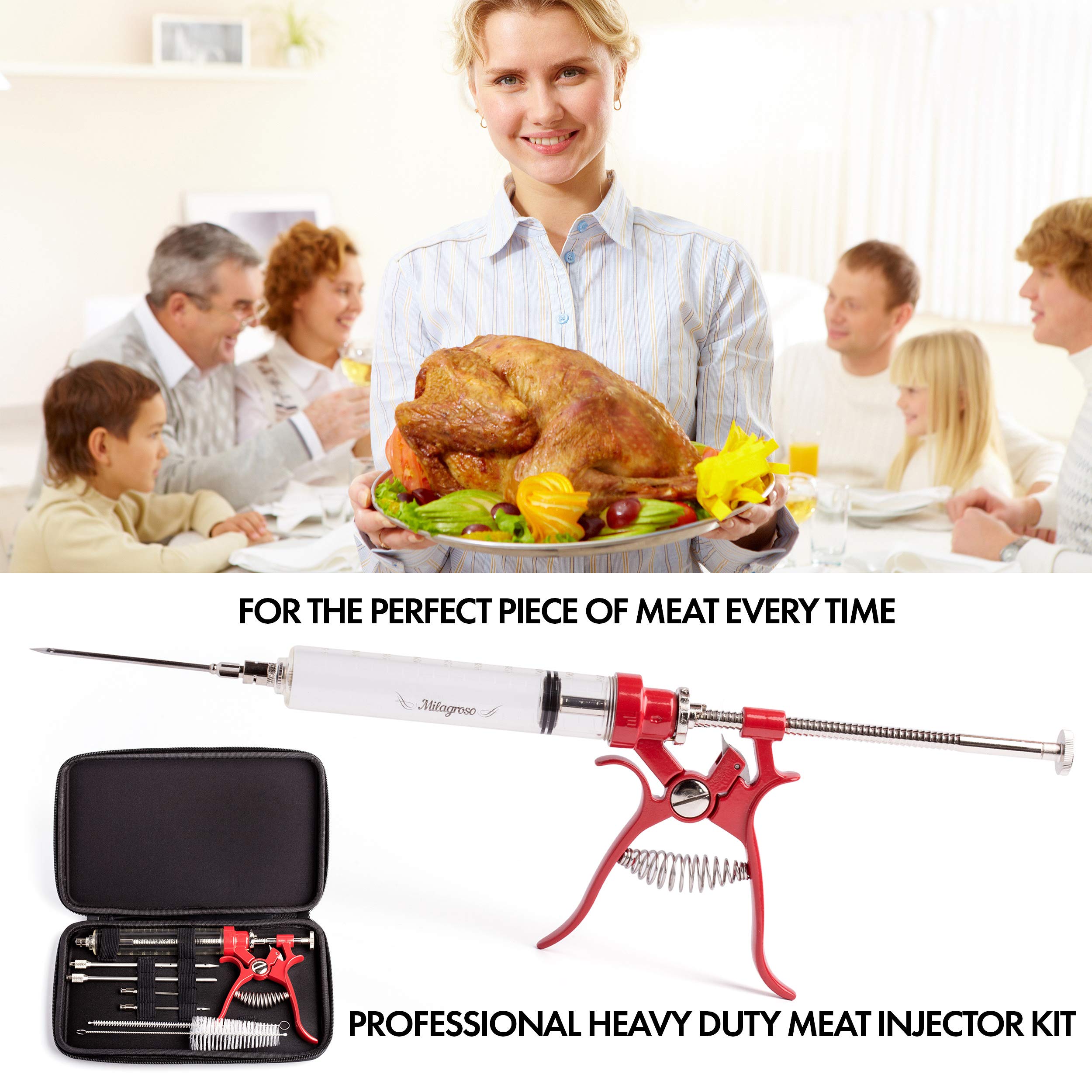 Milagroso meat injector kit with four needles enables versatile marinade for turkey and steak.