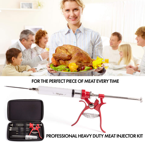 Milagroso meat injector kit with four needles enables versatile marinade for turkey and steak.