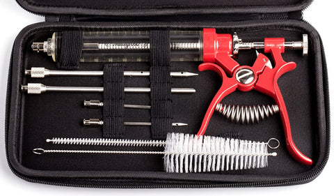 Milagroso meat injector gun with stainless steel build for durable, even flavor infusion.