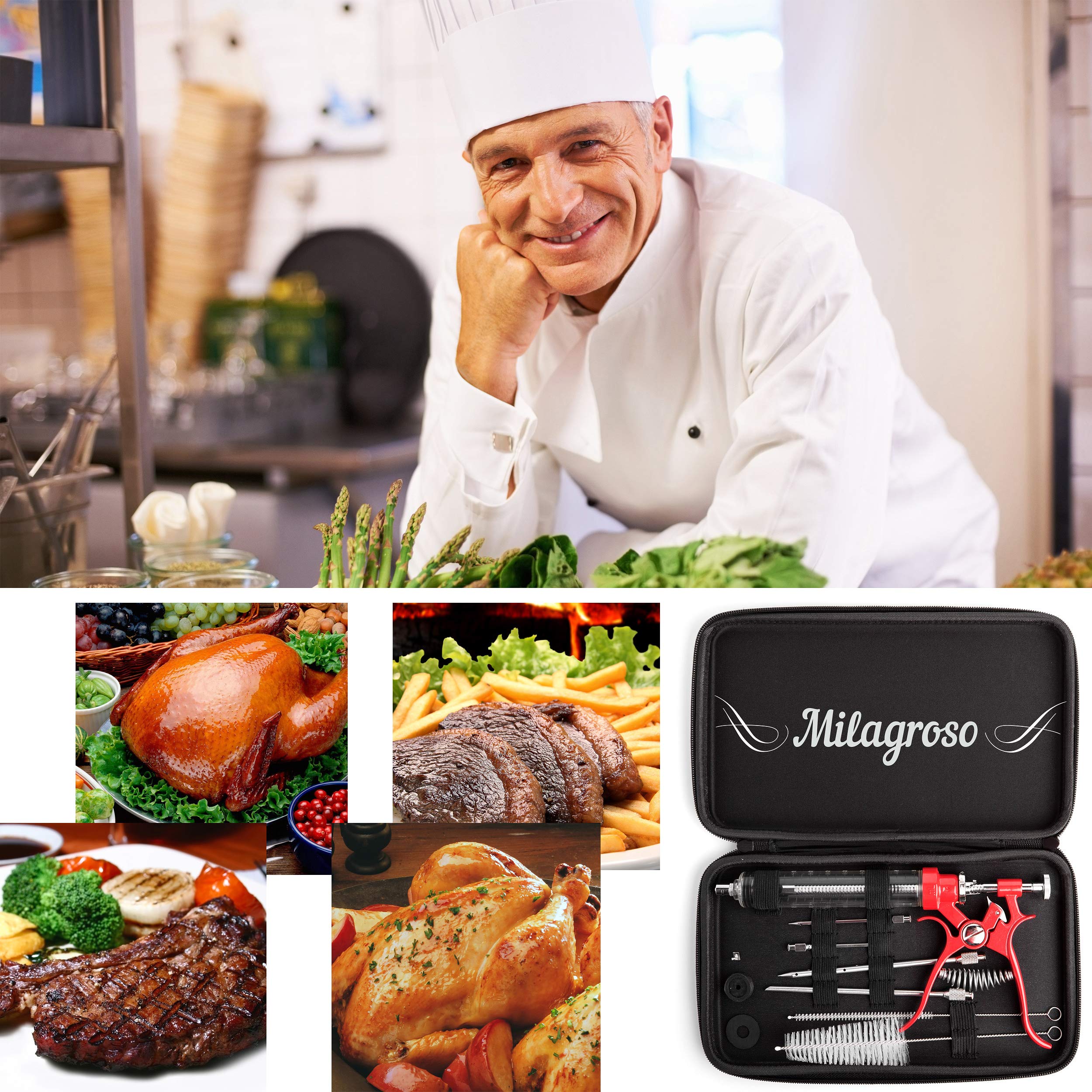 Milagroso turkey injection needles designed to reach large cuts for even seasoning.