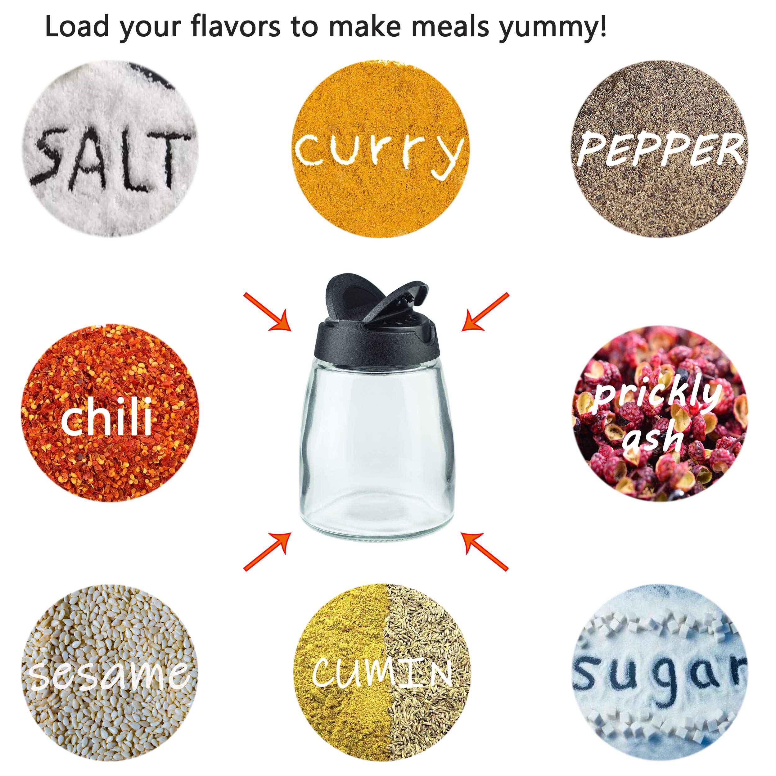 MILEKE salt-pepper shaker shows contents at a glance thanks to the clear glass body.