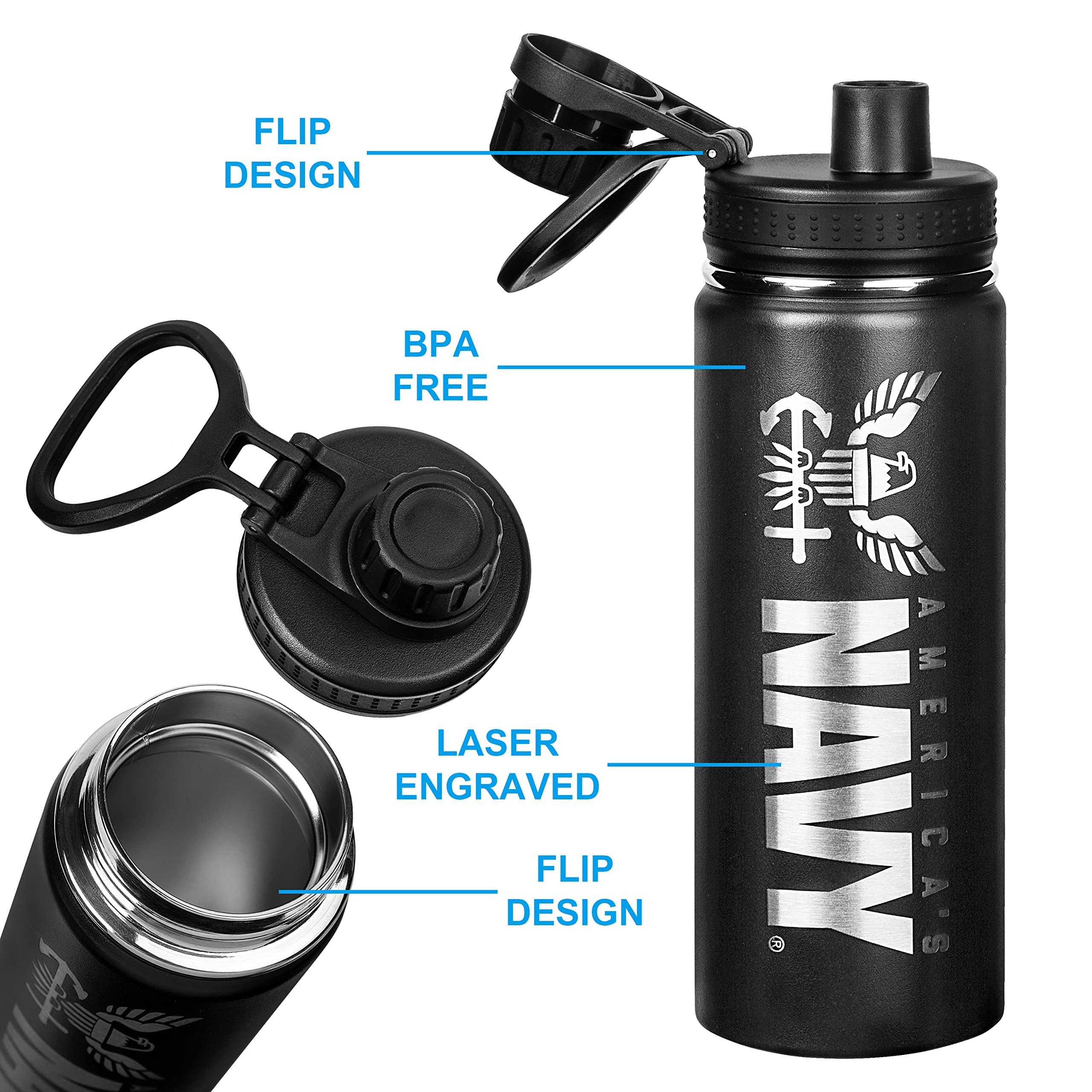 Military Gift Shop Navy water bottle double-wall insulation prevents condensation on surfaces