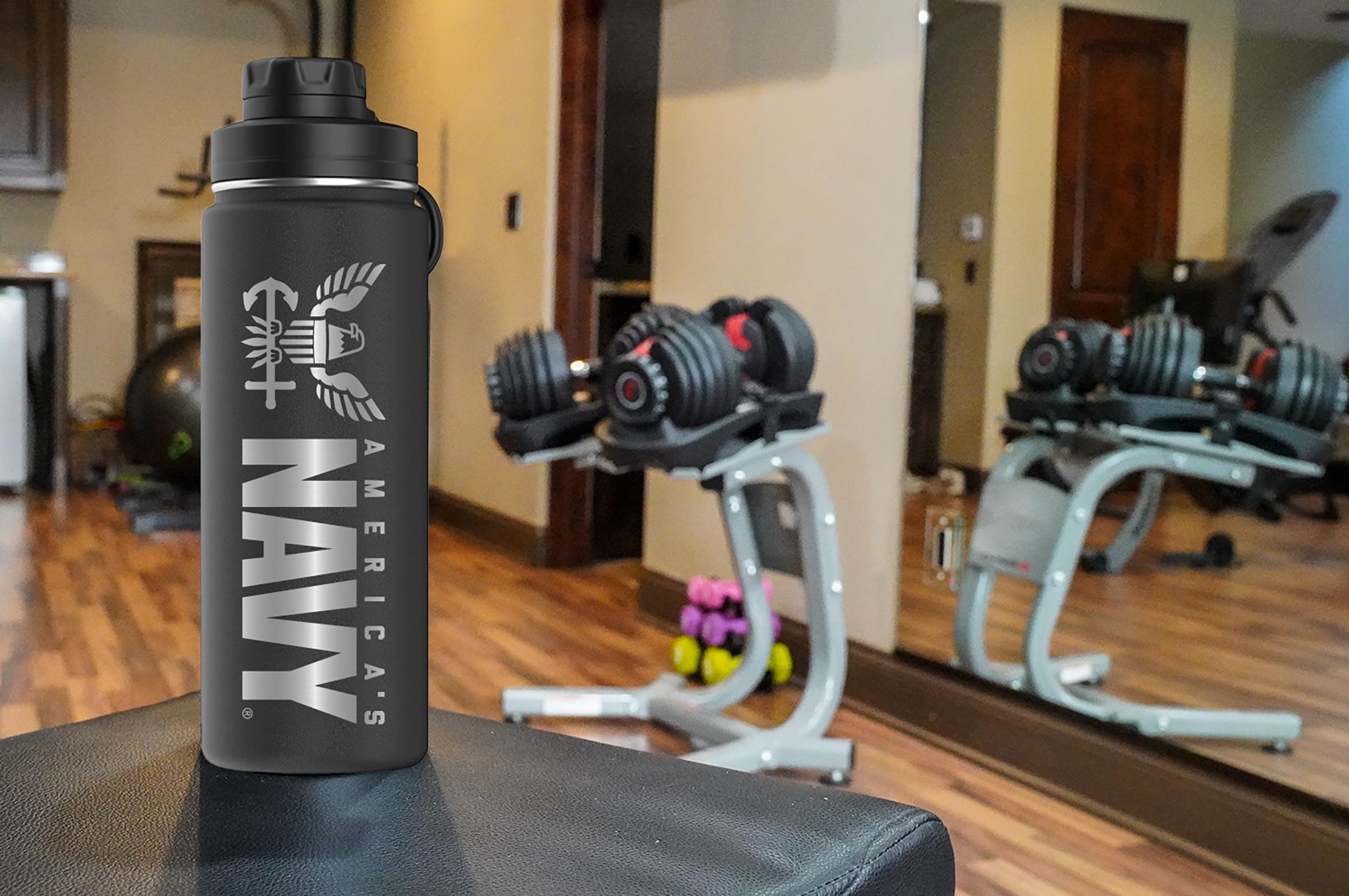 Military Gift Shop Navy water bottle fits standard cup holders for easy carry