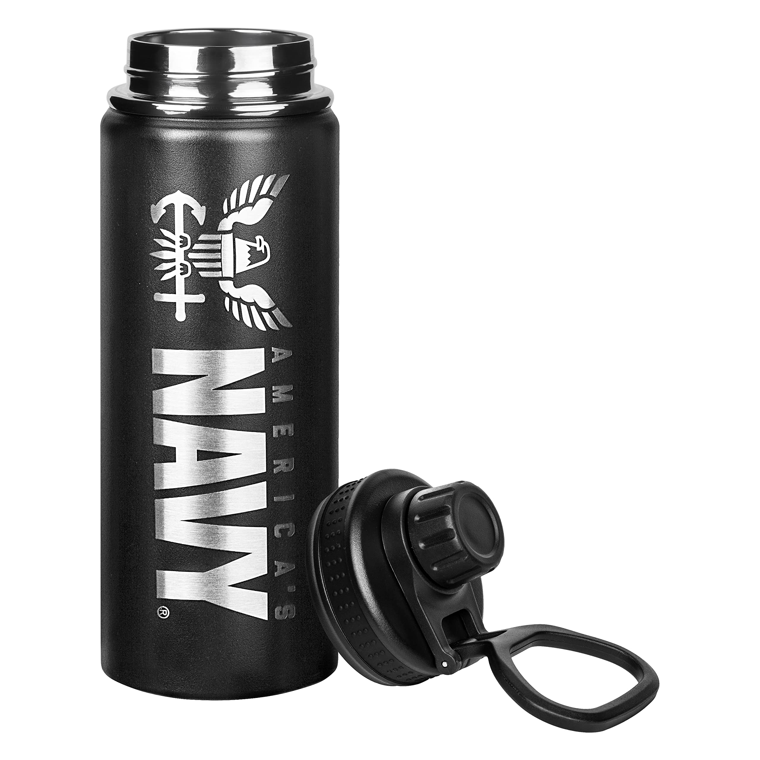 Military Gift Shop Navy water bottle laser-engraved logo stays bold over time