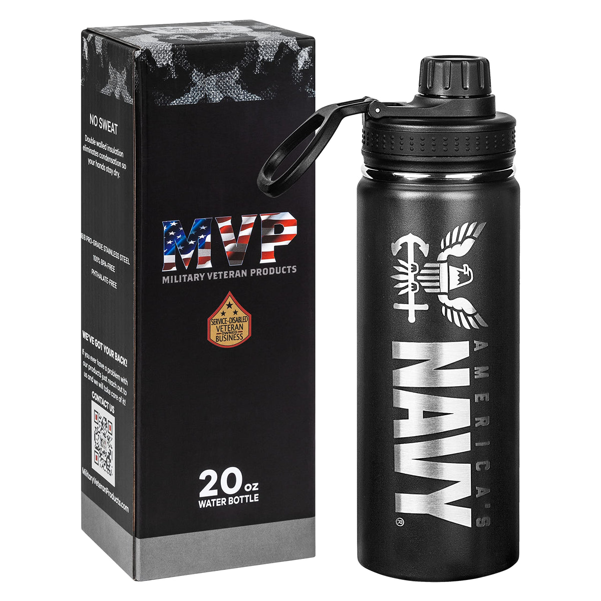 Military Gift Shop Navy water bottle with matte black finish for rugged daily use