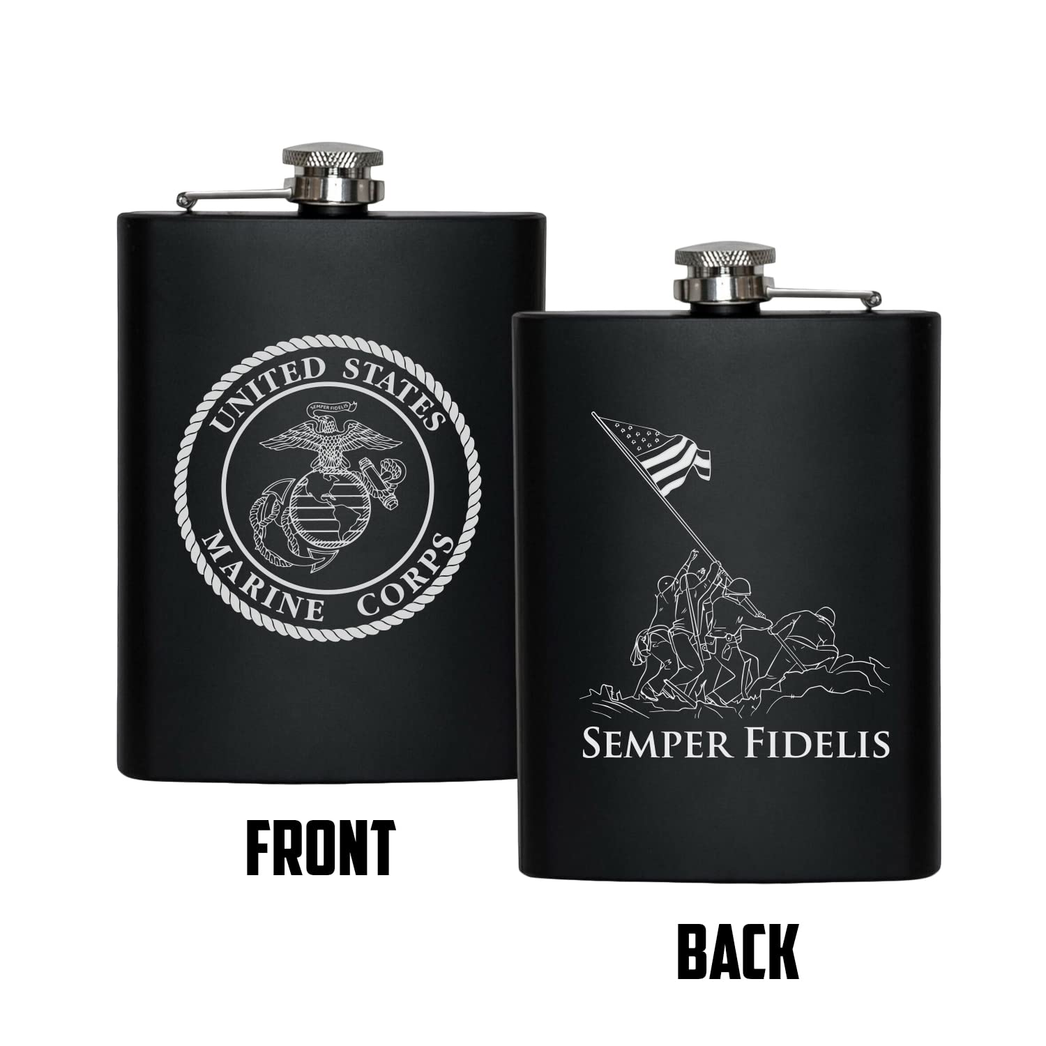 Military Gift Shop USMC flask laser engraving showcases enduring USMC logo.