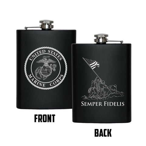 Military Gift Shop USMC flask laser engraving showcases enduring USMC logo.