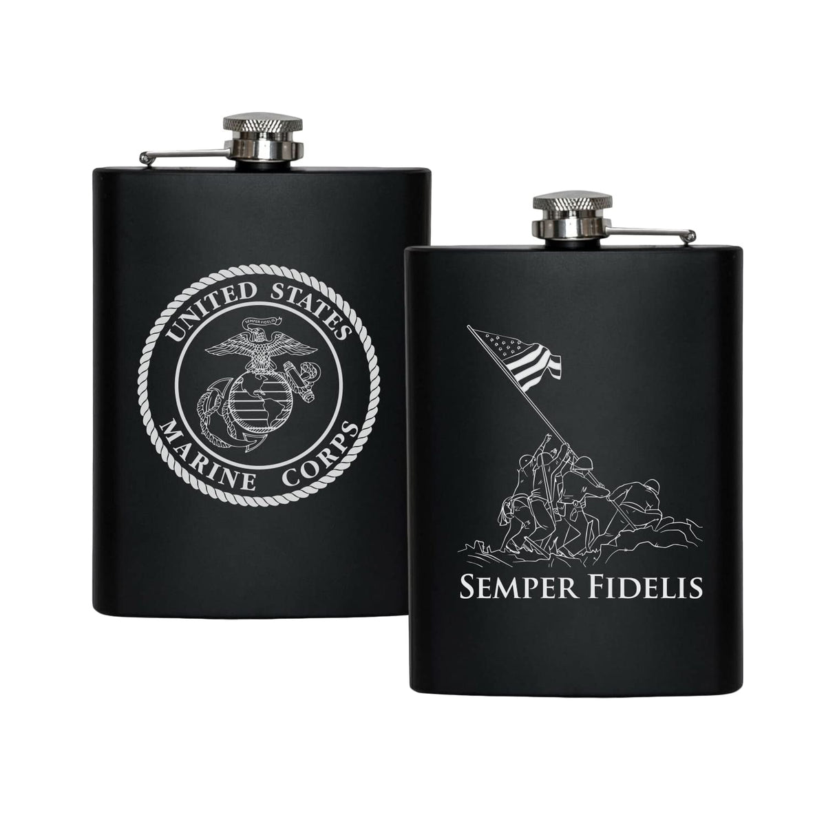 Military Gift Shop USMC flask matte black 8oz ready for outdoor adventures.