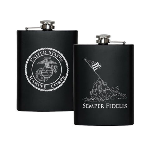 Military Gift Shop USMC flask matte black 8oz ready for outdoor adventures.