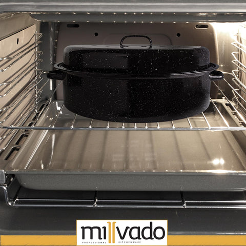 Millvado lamb roasting pan yields flavorful roasted dishes.